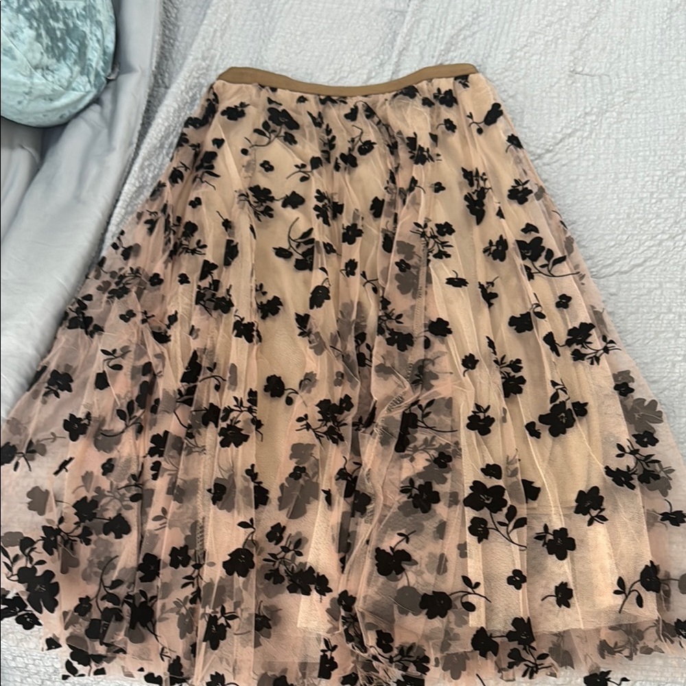 Floral Tulle Midi Skirt in Blush and Black